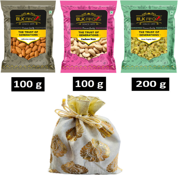 400g Select Dry fruits combo Gift pack | Almond100g ,Cashew100g & Raisins200g|