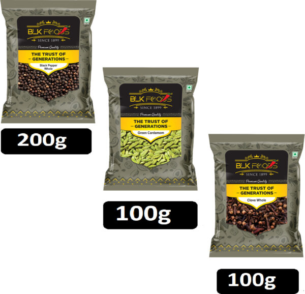 Daily Whole Spice combo | Black Pepper 200g, Clove 100g & Green Cardamom 100g